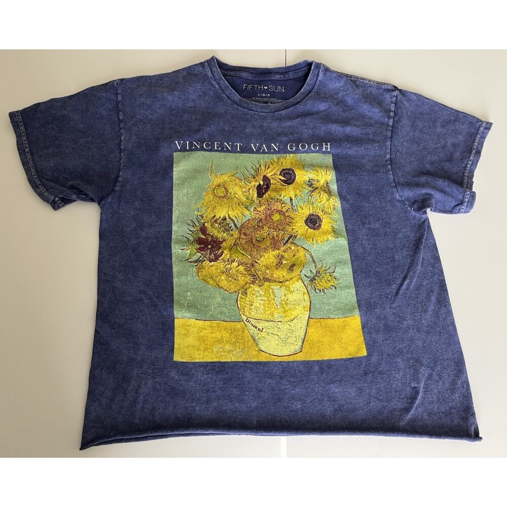 Vincent  Van Gogh Blue Stone Washed T-Shirt L Sunflower Painting Nature Boho Y2K